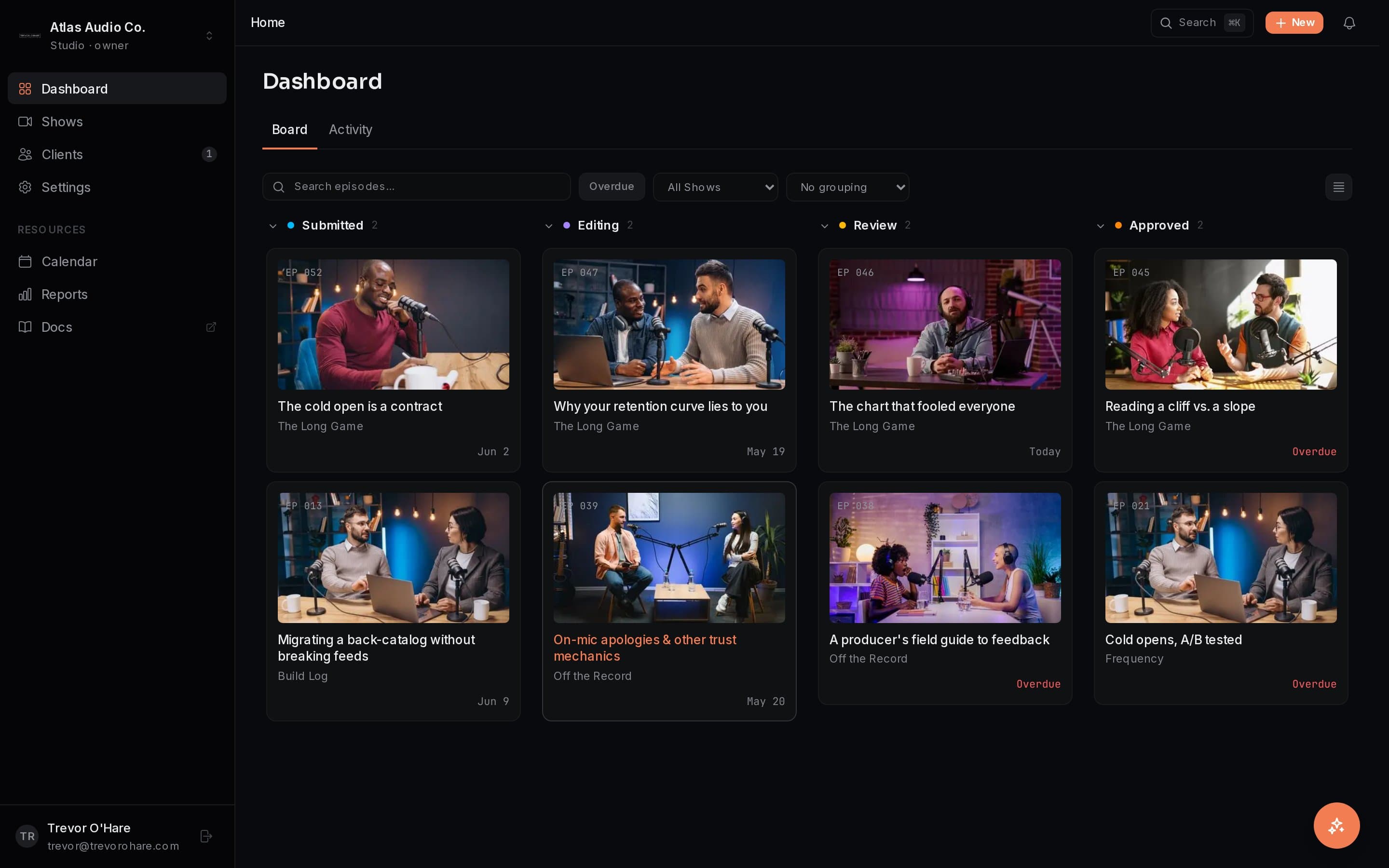 PreRoll.io dashboard showing a kanban board with podcast episodes organized by production stage